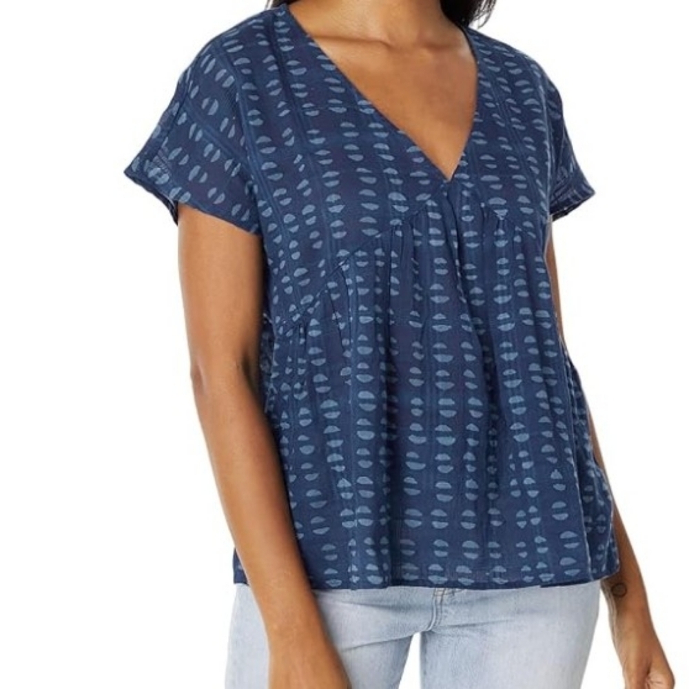 Madewell : Blue Short Sleeve V-Neck Patterned Blouse, size s